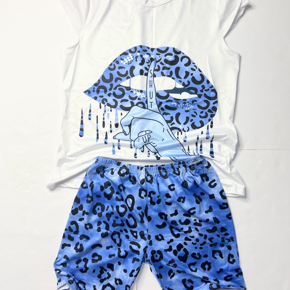 Blue Leopard Print women shorts set